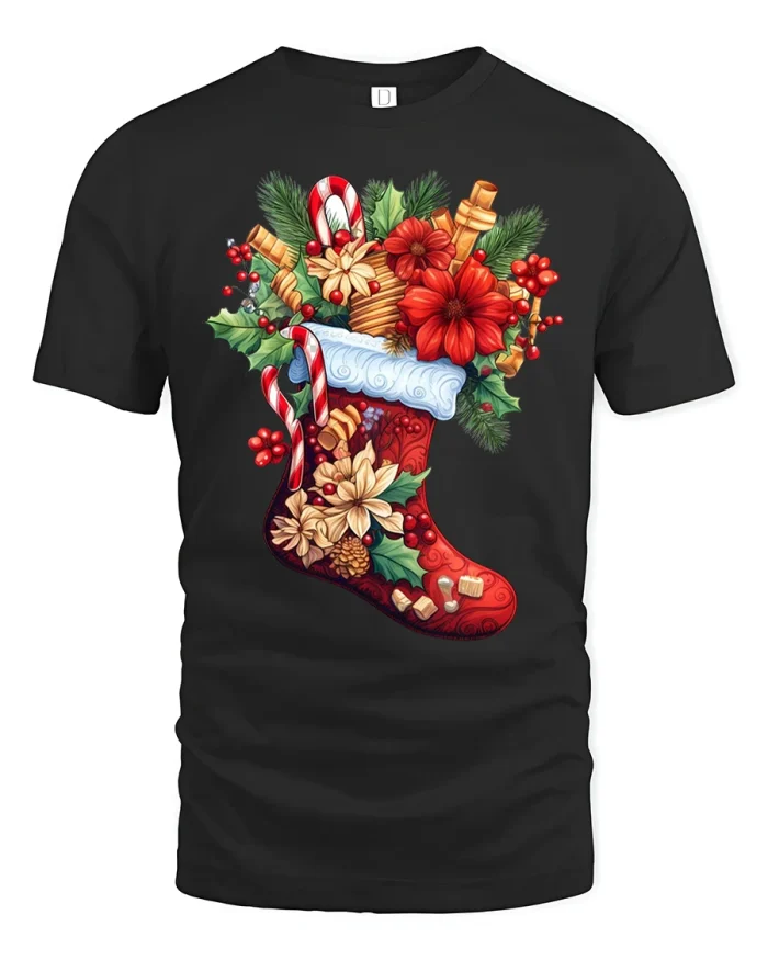 Festive Christmas Stocking Floral Candy Graphic Tee Holiday Tshirt - black t-shirt on white background