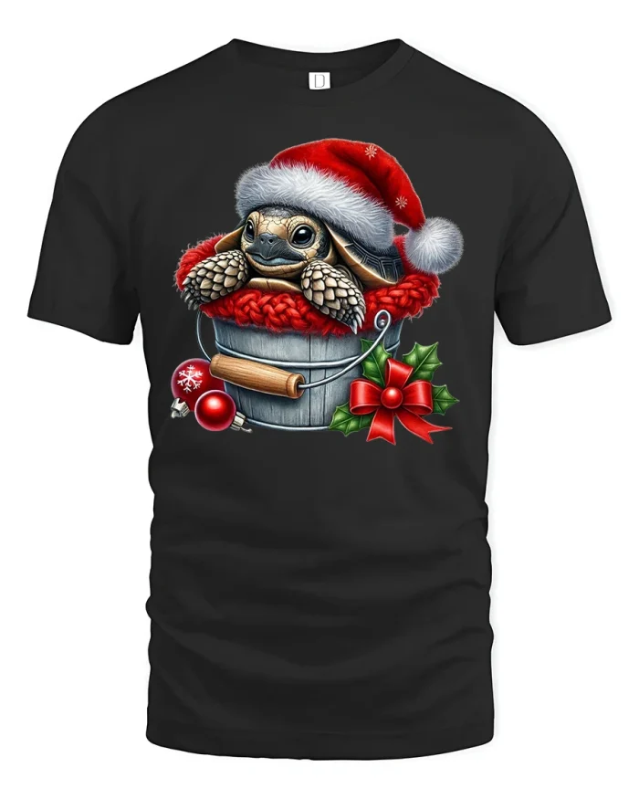 Cute Christmas Turtle in Santa Hat Graphic Tee Holiday Tshirt - black t-shirt on white background