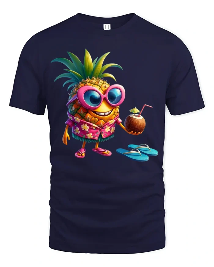 Funny Pineapple Beach Vacation Graphic Tee Tropical Summer Tshirt - navy t-shirt on white background