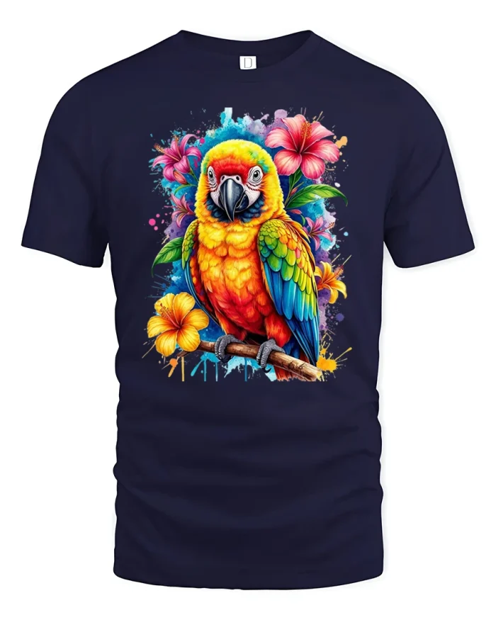 Vibrant Tropical Parrot Graphic Tee Colorful Jungle Bird Tshirt - navy t-shirt on white background