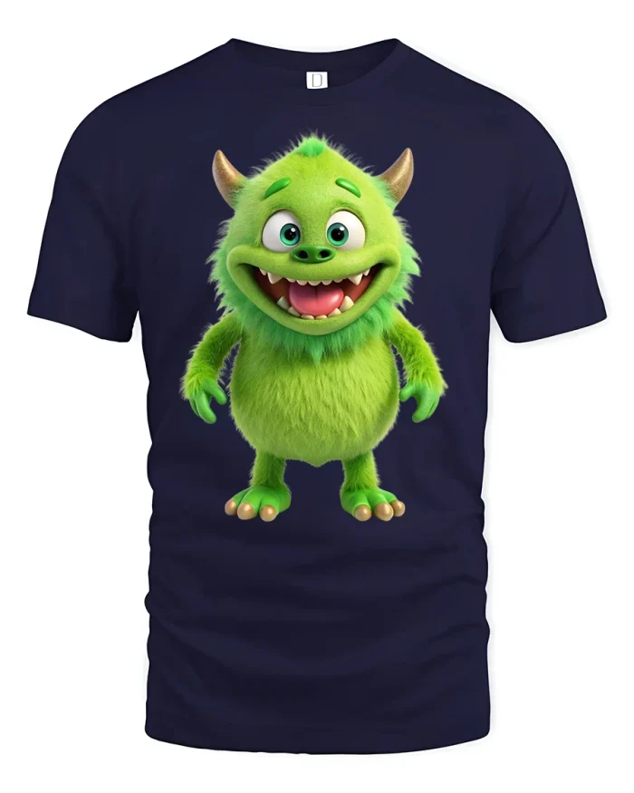Cute Green Furry Monster Graphic Tee Fun Cartoon Creature Tshirt - navy t-shirt on white background