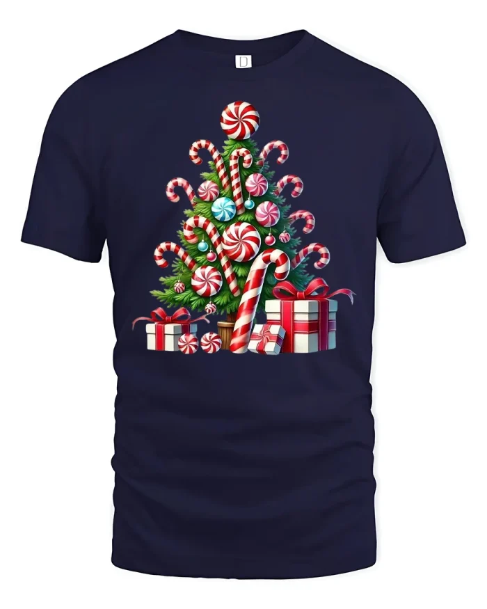 Candy Cane Christmas Tree Graphic Tee Sweet Holiday Tshirt Gift - navy t-shirt on white background
