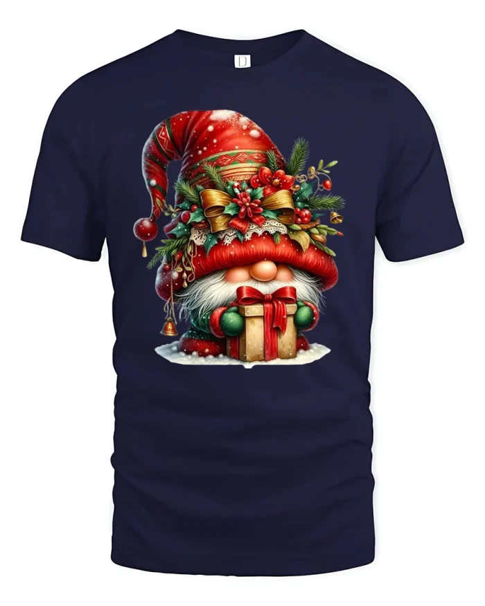 Festive Christmas Gnome Holding Gift Graphic Tee Holiday Tshirt - navy t-shirt on white background