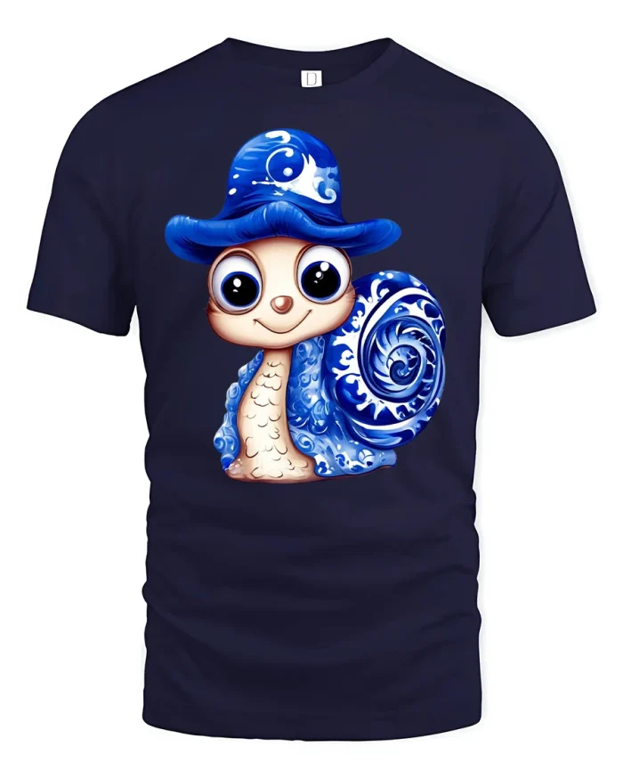Cute Blue Snail Cartoon Tee Adorable Big Eye Character Tshirt - navy t-shirt on white background