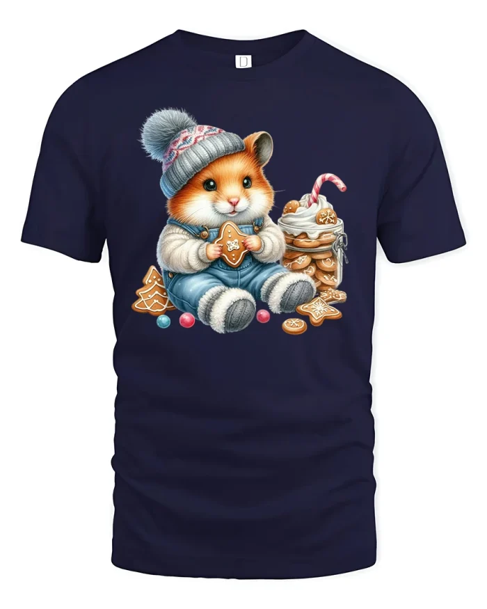 Cute Winter Hamster Eating Cookies Graphic Tee Cozy Holiday Tshirt - navy t-shirt on white background