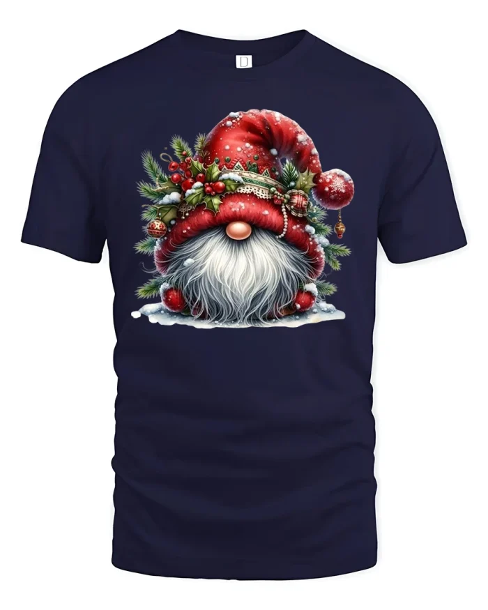 Christmas Gnome in Red Hat Graphic Tee Festive Holiday Tshirt - navy t-shirt on white background