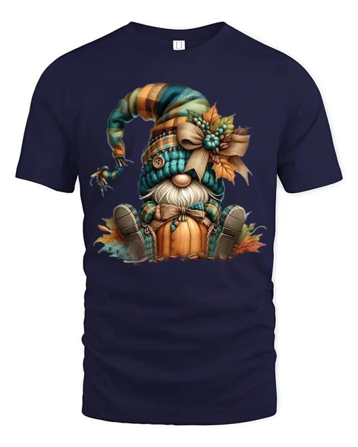 Autumn Pumpkin Gnome Graphic Tee Cute Fall Harvest Tshirt Design - navy t-shirt on white background