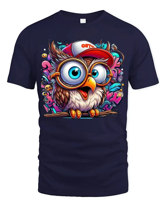 Cute Big Eyed Owl Graphic Tee Colorful Cartoon Bird Unisex Tshirt - navy t-shirt on white background