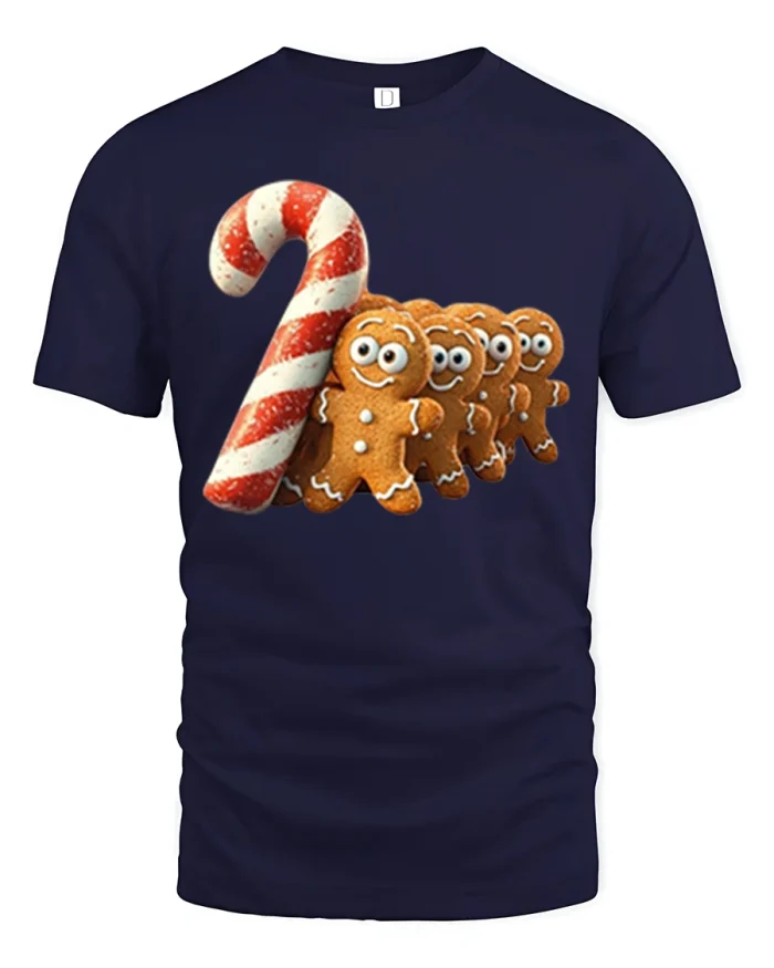 Gingerbread Cookie Line with Candy Cane Tee Fun Christmas Tshirt - navy t-shirt on white background