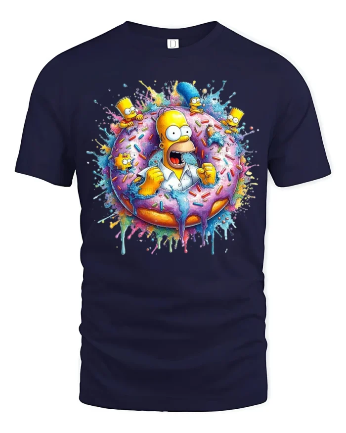 Funny Cartoon Donut Blast Tee Colorful Splash Art Graphic Tshirt - navy t-shirt on white background