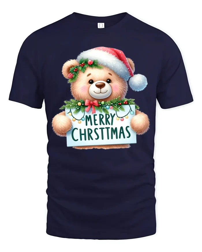 Cute Christmas Bear Holding Sign Tee Merry Holiday Graphic Tshirt - navy t-shirt on white background