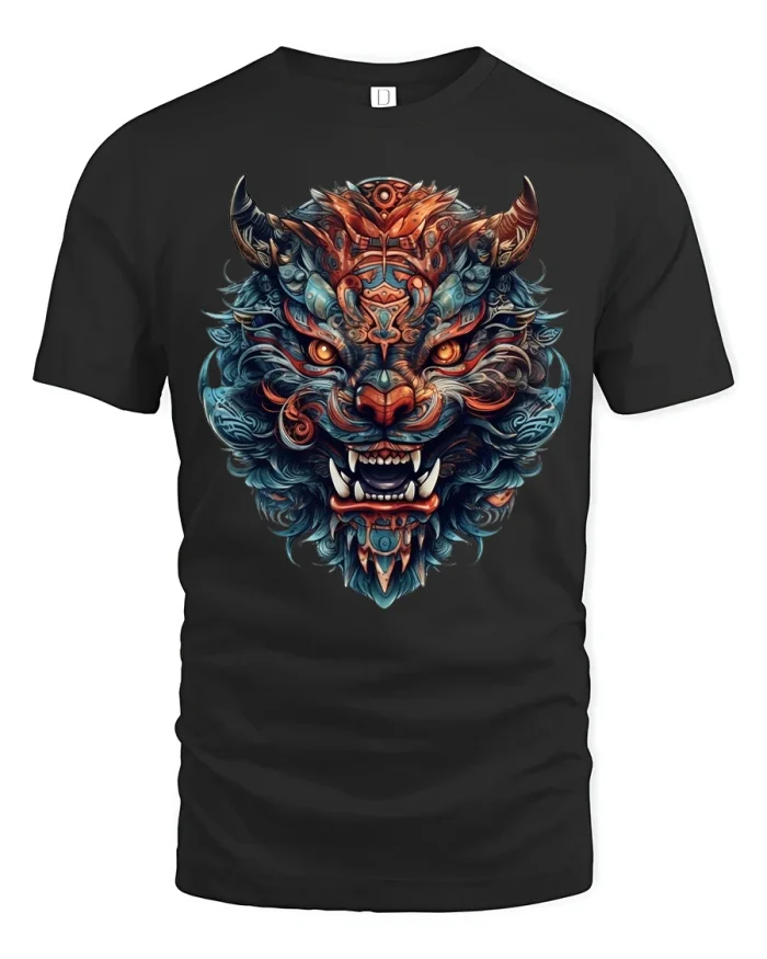 Fierce Tribal Beast Graphic Tee Mythic Warrior Spirit Tshirt - black t-shirt on white background
