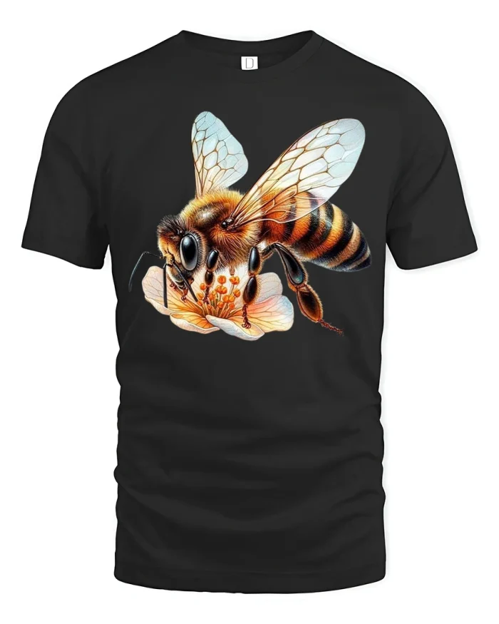 Realistic Honey Bee Flower Tee Nature Lover Graphic Tshirt - black t-shirt on white background