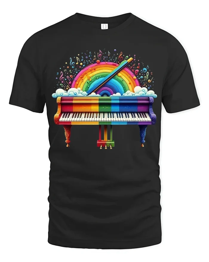 Rainbow Piano Graphic Tee Colorful Music Art Vibrant Tshirt - black t-shirt on white background