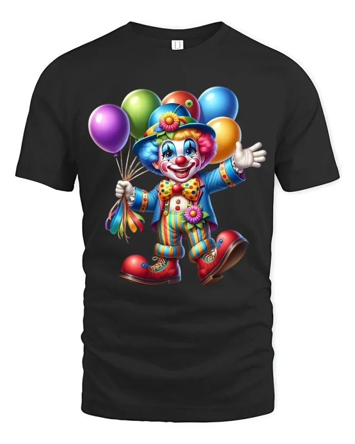 Colorful Happy Clown Graphic Tee Fun Balloon Party Tshirt - black t-shirt on white background