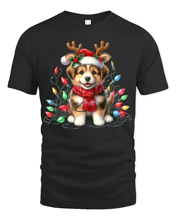 Cute Christmas Puppy Tee Reindeer Antler Dog Holiday Tshirt - black t-shirt on white background