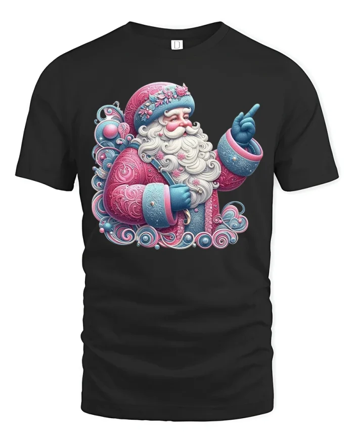 Elegant Pink Santa Tee Vintage Christmas Art Holiday Tshirt - black t-shirt on white background