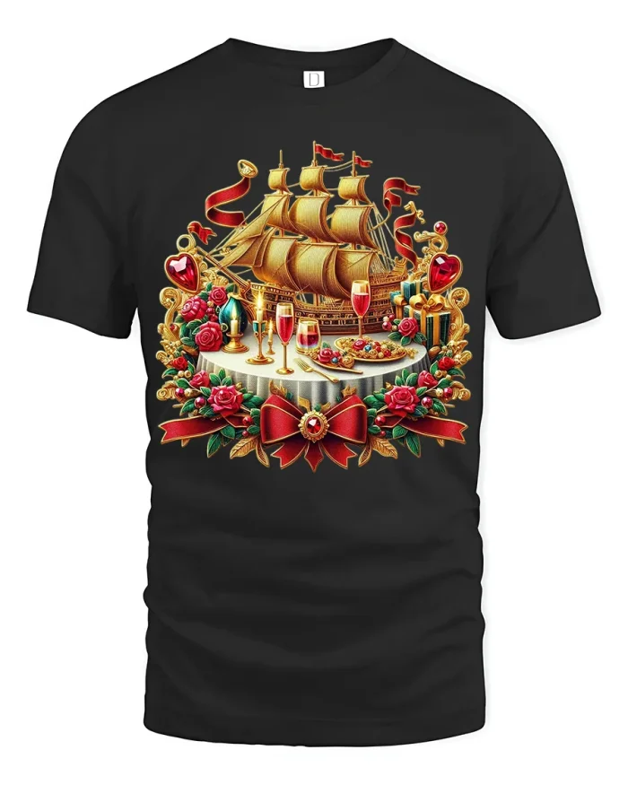Golden Sailing Ship Celebration Tee Festive Nautical Tshirt - black t-shirt on white background