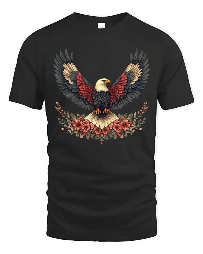 Patriotic Eagle Floral Tee Vintage American Spirit Tshirt - black t-shirt on white background