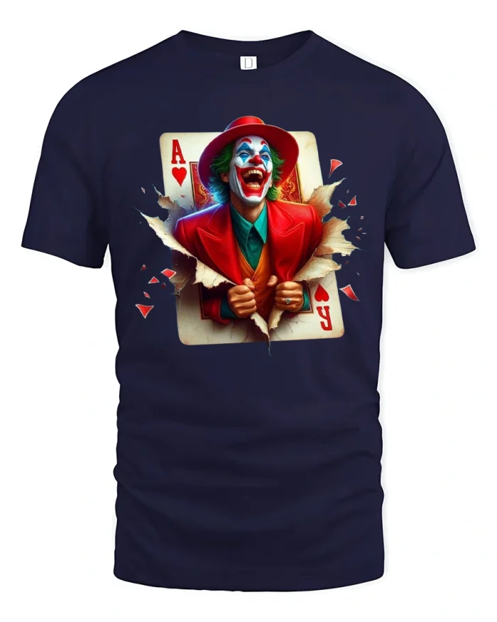 Ace Card Laughing Clown Tee Bold Chaotic Villain Graphic Tshirt - navy t-shirt on white background