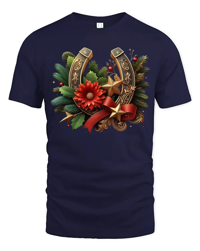 Lucky Horseshoe Christmas Tee Festive Holiday Floral Tshirt - navy t-shirt on white background