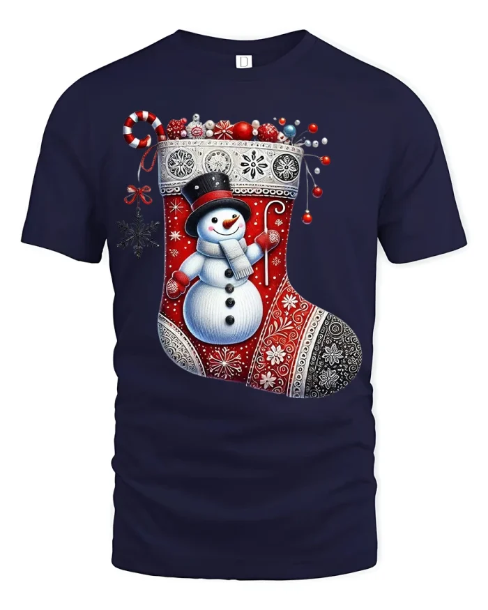 Snowman Stocking Christmas Tee Festive Holiday Cute Tshirt - navy t-shirt on white background