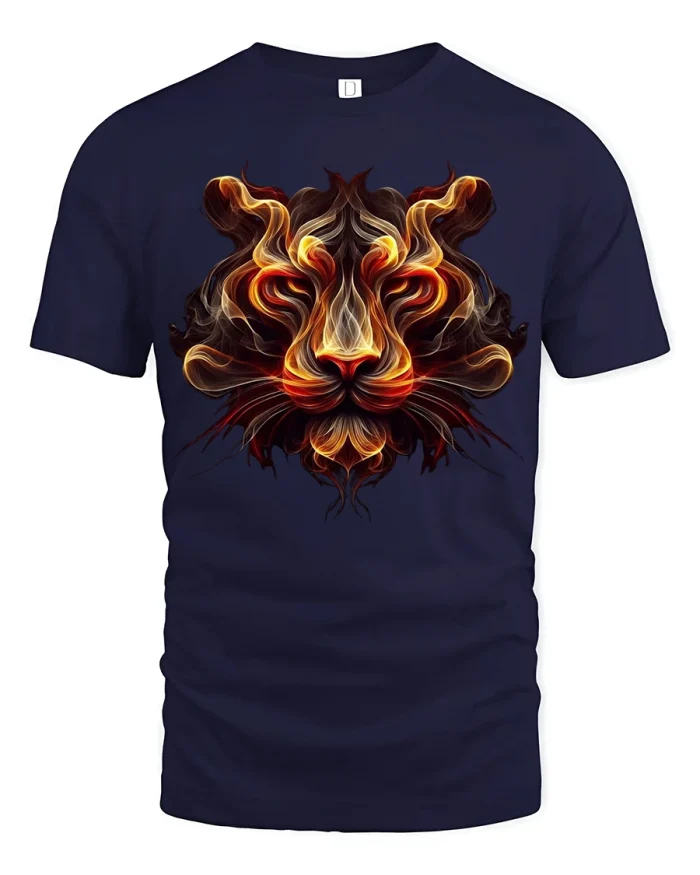 Fiery Lion Spirit Tee Glowing Flame Art Wild Animal Tshirt - navy t-shirt on white background
