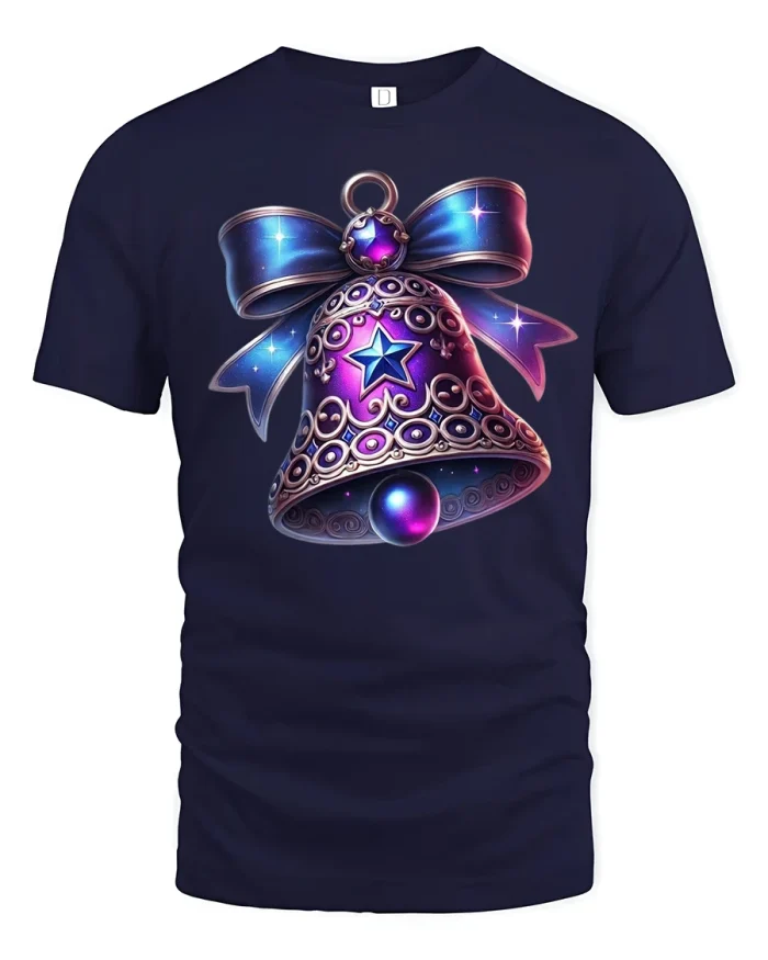 Christmas Star Bell Tee Festive Bow Holiday Art Tshirt Gift - navy t-shirt on white background
