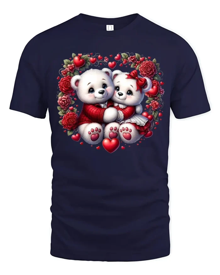 Cute Teddy Couple Love Tee Valentine Hearts Romantic Tshirt - navy t-shirt on white background