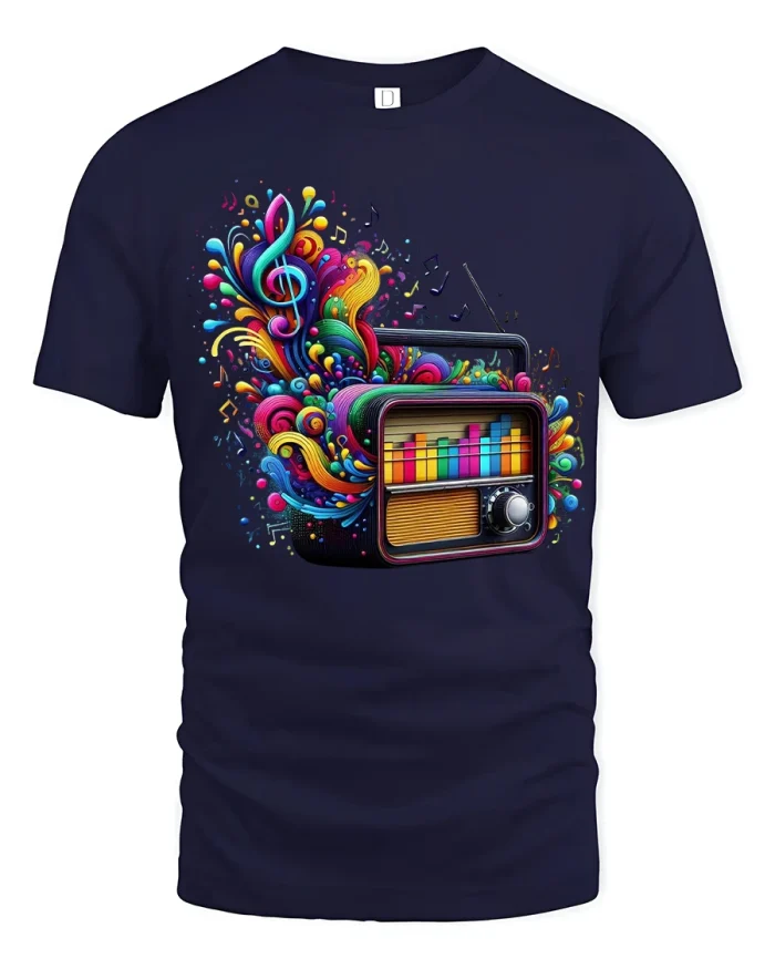 Colorful Retro Radio Music Tee Vibrant Musical Art Tshirt - navy t-shirt on white background