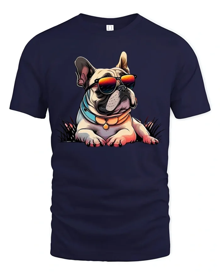 Cool Bulldog Sunglasses Tee Funny Dog Lover Summer Tshirt - navy t-shirt on white background