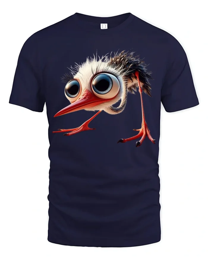 Funny Big Eyed Bird Tee Cute Crazy Cartoon Creature Tshirt - navy t-shirt on white background