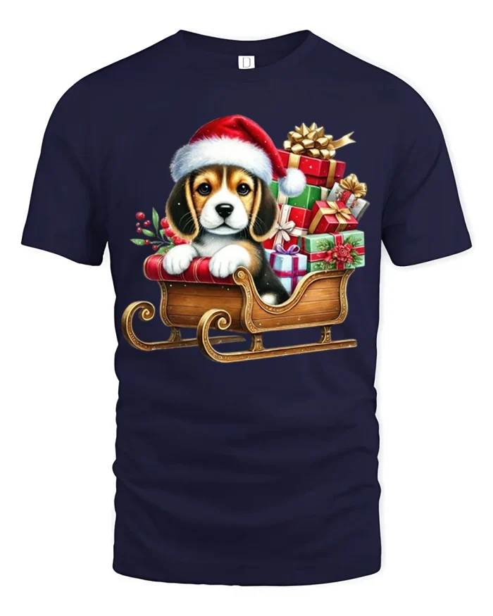 Cute Christmas Puppy Tee Santa Beagle in Sleigh Gifts Tshirt - navy t-shirt on white background
