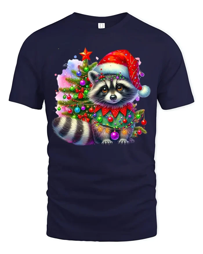 Cute Christmas Raccoon Tee Santa Holiday Tree Lights Tshirt - navy t-shirt on white background