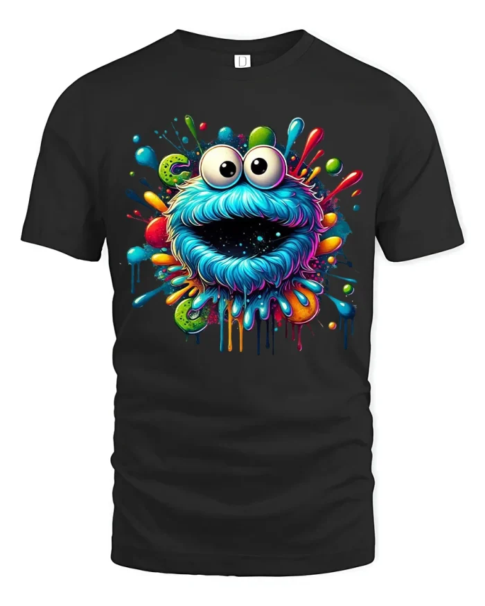 Color Splash Fuzzy Monster Fun Art Print Tee - black t-shirt on white background