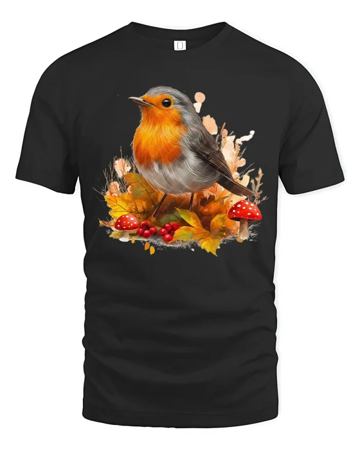 Autumn Robin Forest Leaves and Mushrooms Nature Art Tee - black t-shirt on white background