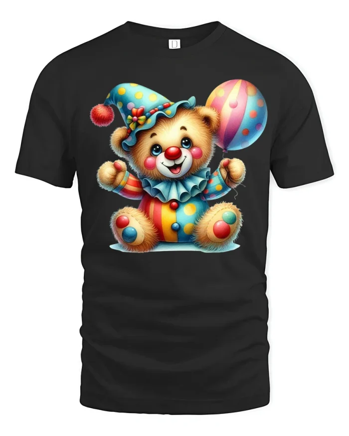 Cute Clown Teddy Balloon Party Graphic Tee for Cheerful Style - black t-shirt on white background