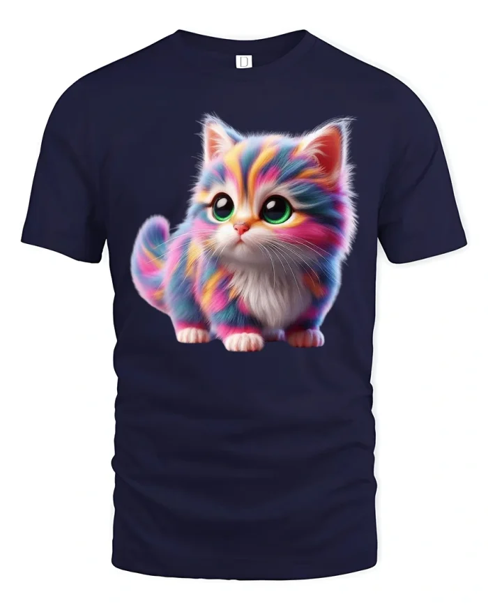 Cute Rainbow Kitten Graphic Tee Adorable Colorful Cat Tshirt - navy t-shirt on white background
