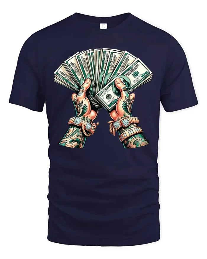 Cash Stack Hands Graphic Tee Money Fan Tattoo Art Tshirt - navy t-shirt on white background