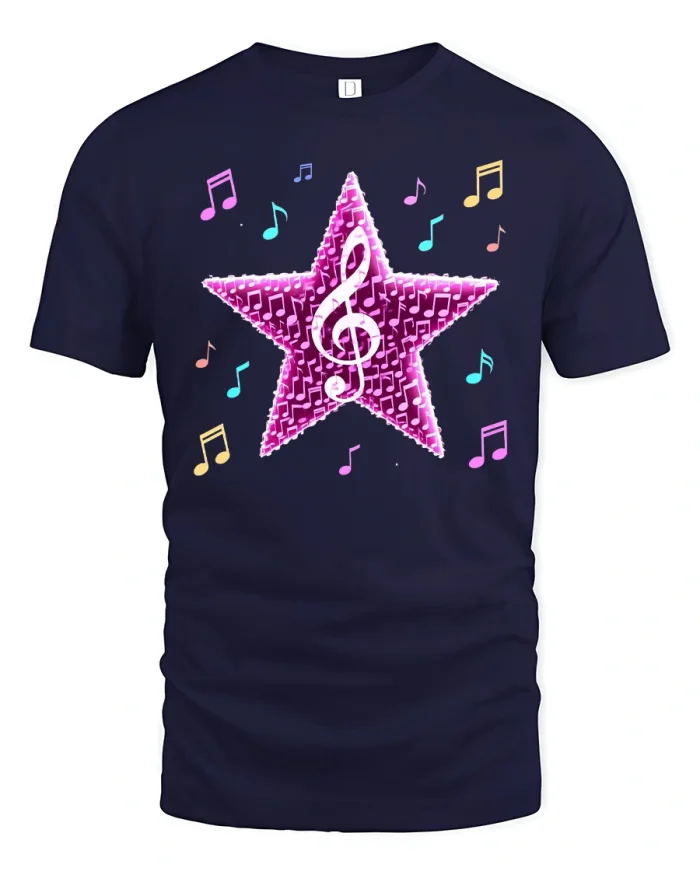Pink Music Star Tee Sparkling Treble Clef Notes Tshirt - navy t-shirt on white background