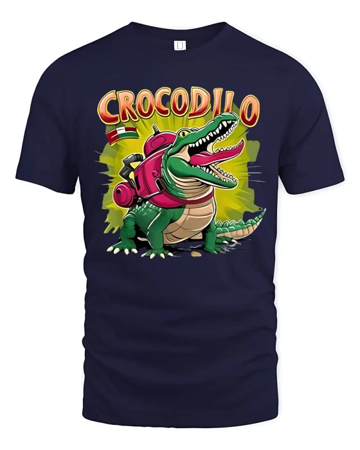 Funny Crocodile Adventurer Tee Cartoon Backpack Gator Tshirt - navy t-shirt on white background
