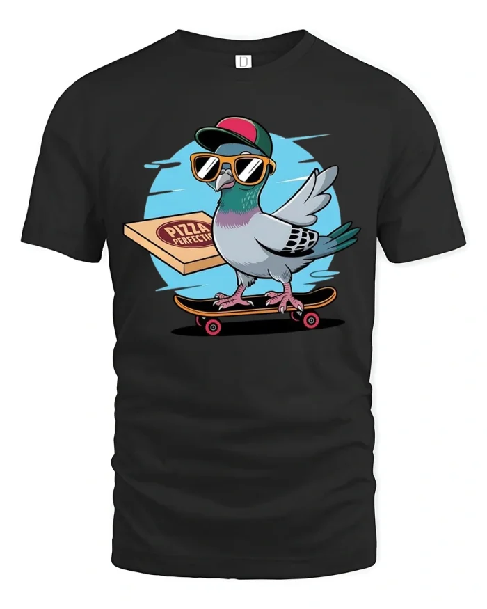 Skater Pigeon Pizza Delivery Cool Style Graphic T-Shirt - black t-shirt on white background