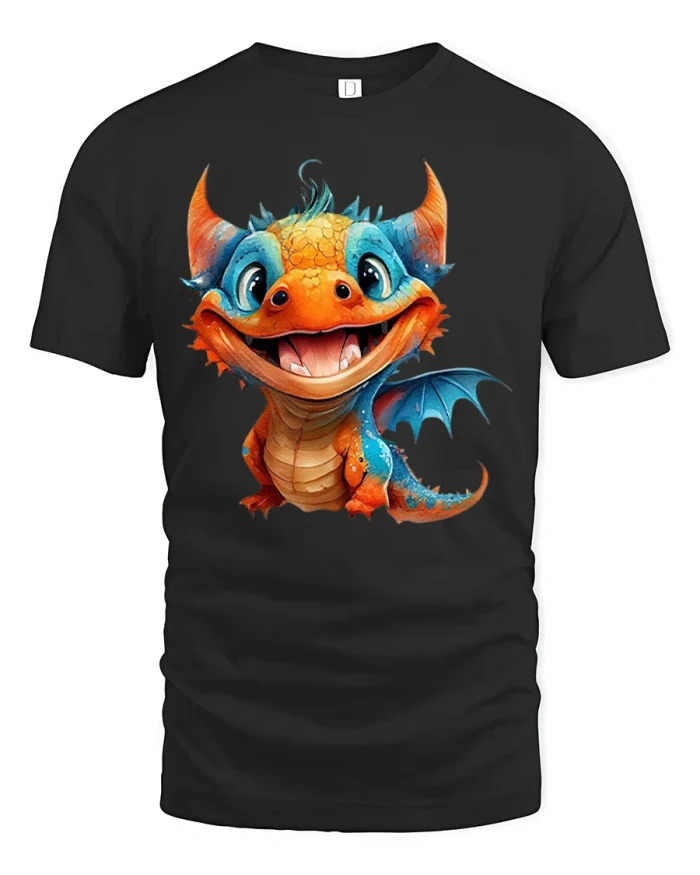 Cute Baby Dragon Fantasy Cartoon Graphic Fun Style T-Shirt - black t-shirt on white background