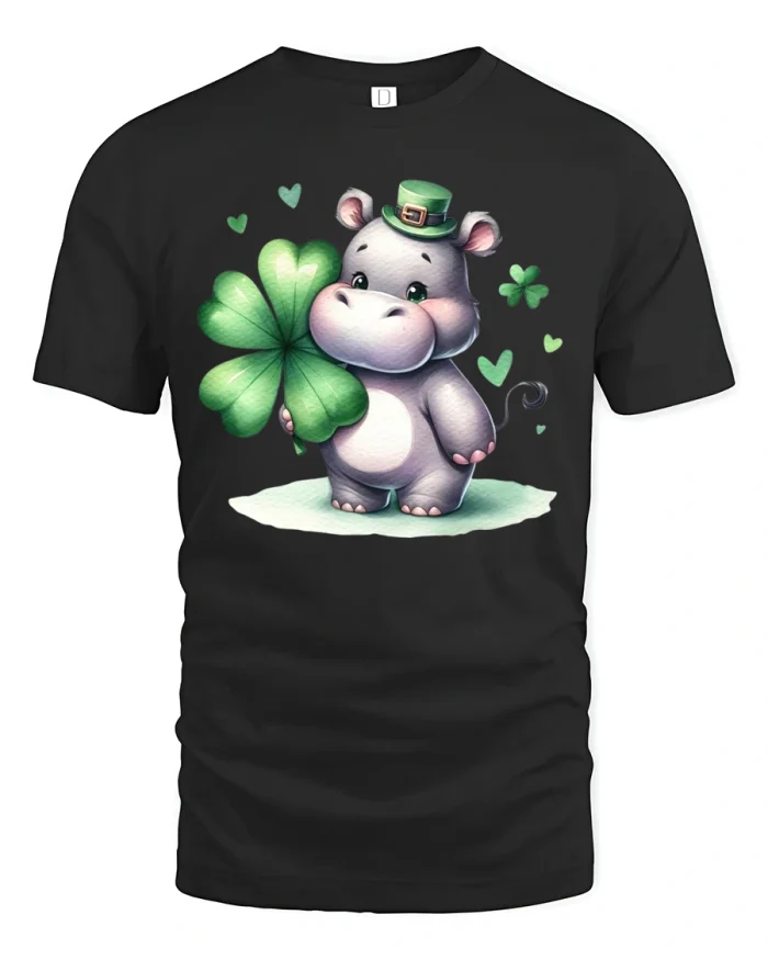 Cute Hippo St Patricks Day Clover Lucky Graphic Fun T-Shirt - black t-shirt on white background