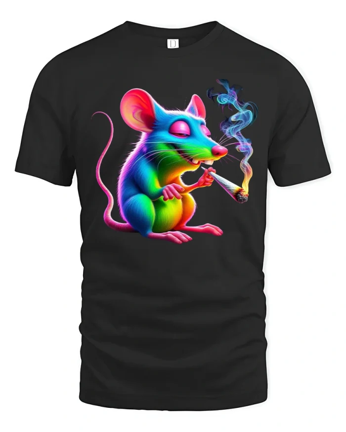 Rainbow Chill Mouse Smoking Funny Stoner Art Graphic T-Shirt - black t-shirt on white background