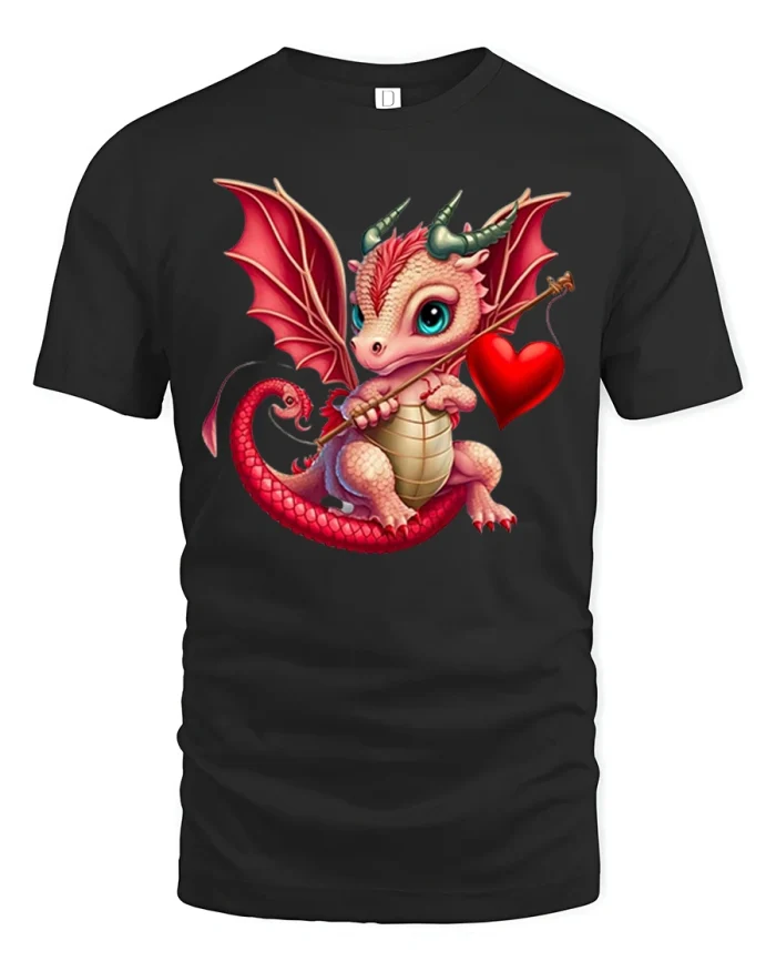 Cute Cupid Dragon Love Heart Fantasy Art Graphic T-Shirt - black t-shirt on white background