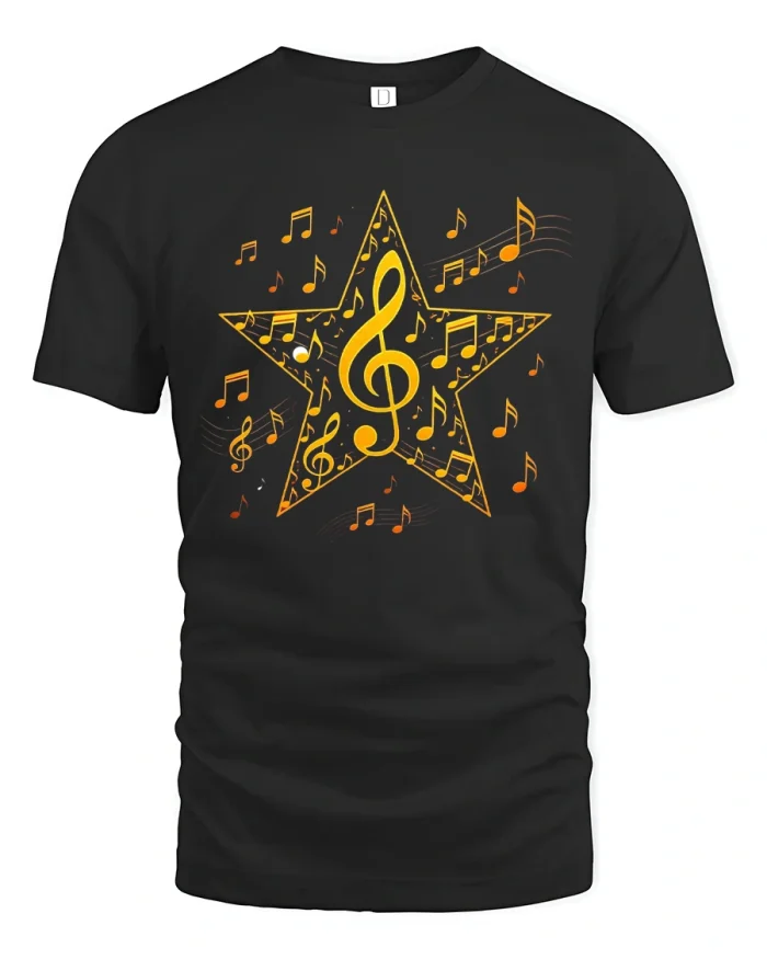 Golden Music Star Treble Clef Graphic Tee for Music Lovers - black t-shirt on white background
