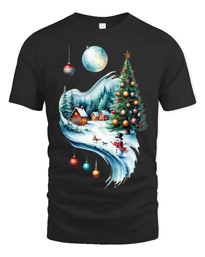 Winter Wonderland Christmas Village Snow Scene Holiday Tee - black t-shirt on white background