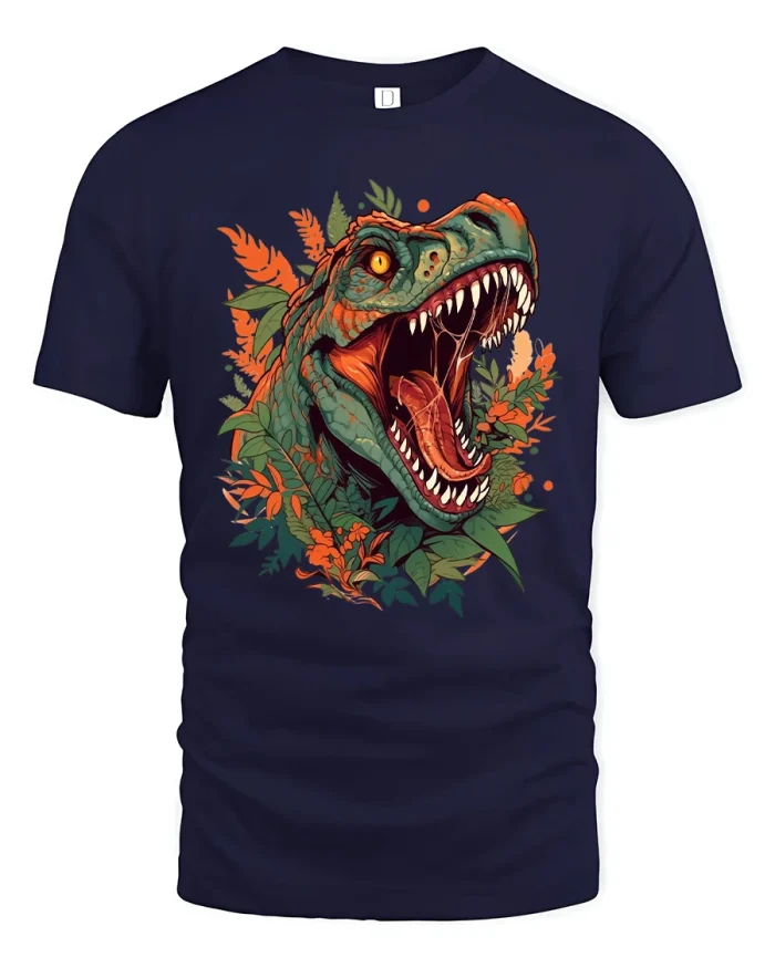 Ferocious T Rex Jungle Attack Tee Fierce Dinosaur Graphic Tshirt - navy t-shirt on white background