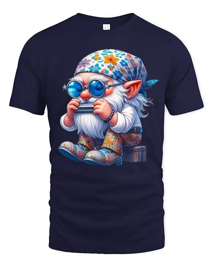 Hippie Gnome Harmonica Tee Cute Music Lover Graphic Tshirt - navy t-shirt on white background